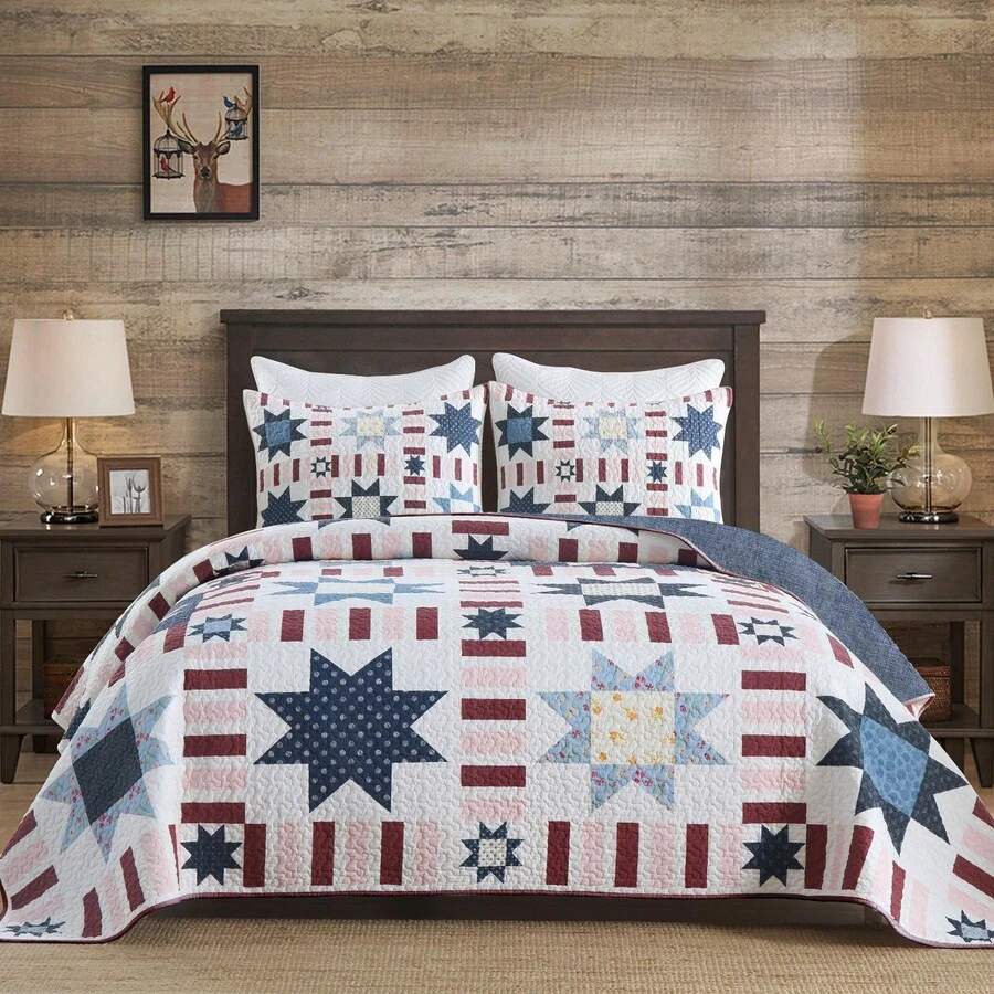 3PCS Soft & Comfortable Patchwork Star Bedding Set – Cooling Summer Quilt With 2 Pillow Shams, White & Blue Stripes Design | All-Season Bedspread, Perfect For Any Bedroom Decor - 藏蓝色 - 查看 1