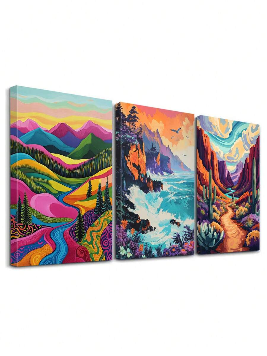 3 件山景海报、海洋悬崖帆布印刷墙面艺术、鲜艳色彩海报、沙漠山谷艺术品、日落天空绘画、风景墙面装饰、艺术印刷品、现代家居装饰、海报、理想礼物、可选画框