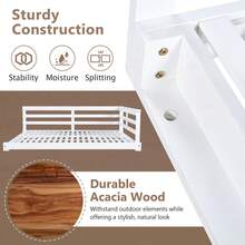 MERAX Acacia Wood Porch Swing Bed For Outdoor With Hem P Ropes - Full Size Patio Hanging Bed, 350lbs Capacity, Open-Side Minimalist Design For Patio, Backyard, Garden, White