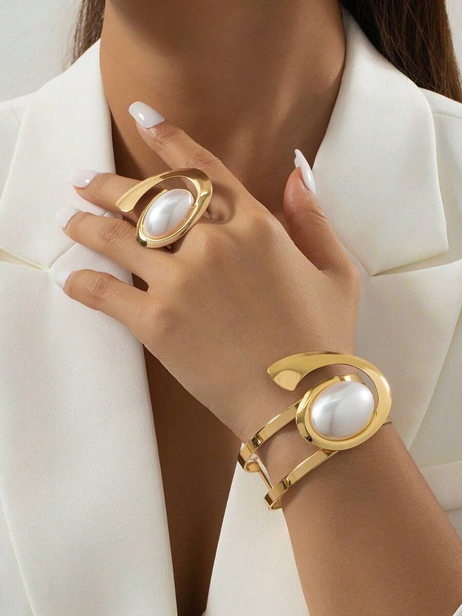 1 Set de joyería regalo con pulsera y anillos de metal exagerados incrustados con perlas, mini accesorios - Blanco - Ver 1