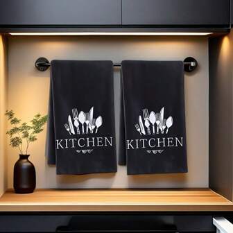 2pcs Black Spoon & Fork Pattern Kitchen Hand Towels, Holiday Decorative Dish Drying Cloths, Soft Absorbent Drying Rags, Kitchen Decor, Dining Table Decor, Kitchen Supplies, Home Decoration