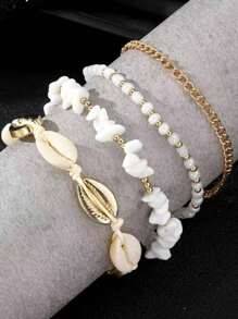 4 Stücke/Set Damen Mode Muschel & Perlen Fußkette, bohemische Strandschmuck für die Füße