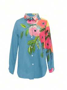 ii Plus Size Casual Lapel Collar Spring/Fall Women Floral Blouse Top - Blue - View 2