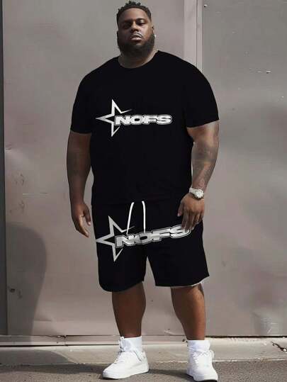 Casual Street Hip-Hop Style Men Short Sleeve Round Neck T-Shirt And Drawstring Loose Shorts 2-Piece Set, Summer