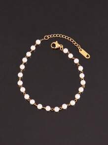 1 pièce Bracelet en acier inoxydable 3/4mm avec de fausses perles blanches pour femmes. Bijou avec chaîne de perles simples et mode (le nombre de perles est aléatoire)