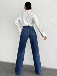 Vaqueros de Cintura Alta para Mujer con Pierna Recta - Pantalones Sueltos en Mezcla Elástica Azul Claro con Detalle de Botóns, Lavables a Máquina Todo el Año, Estilo Retro y Bolsillos, Vaqueros de Cintura Alta