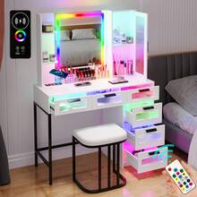 HNEBC RGB Vanity Desk, Makeup Vanity With Dazzling Lights And Mirror, Glass Top Makeup Desk With USB/Type-C/Wireless Charging, Dressing Table Set With Stool/6 Drawers, Vanity Gifts For Girls/Women - White - View 1