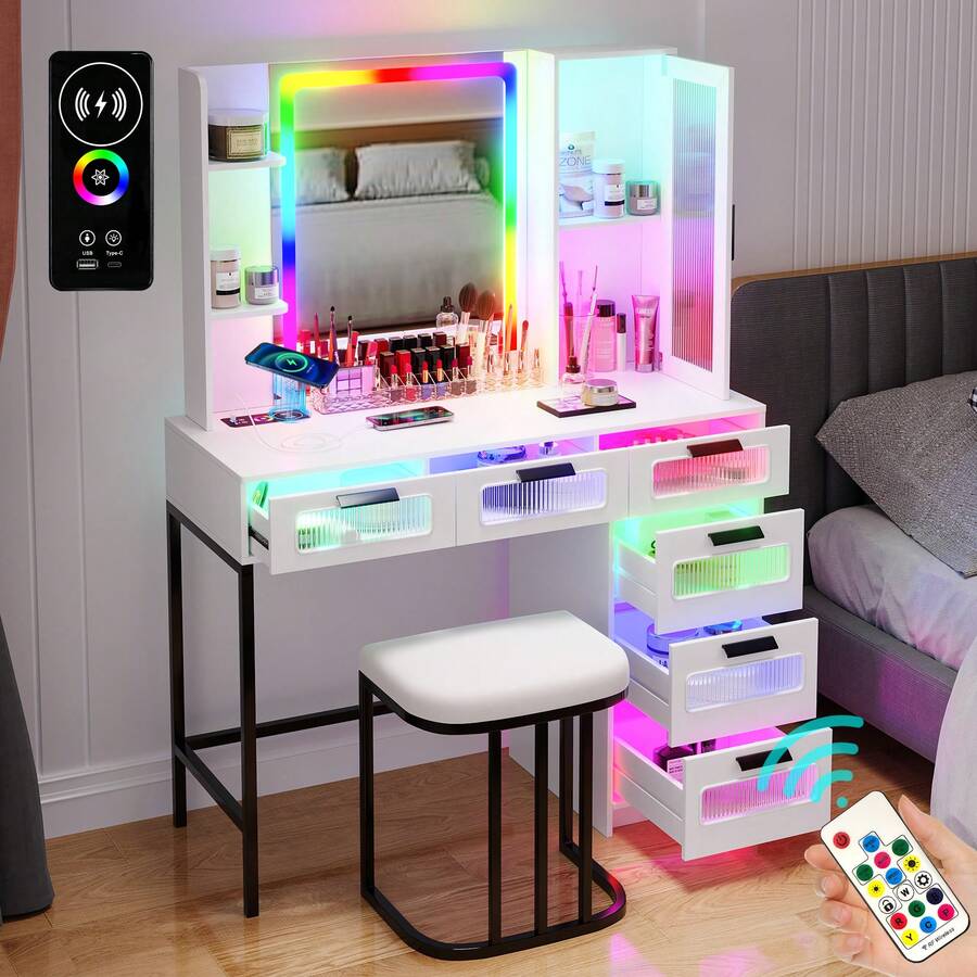 HNEBC RGB Vanity Desk, Makeup Vanity With Dazzling Lights And Mirror, Glass Top Makeup Desk With USB/Type-C/Wireless Charging, Dressing Table Set With Stool/6 Drawers, Vanity Gifts For Girls/Women - White - View 1