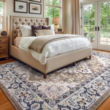 Washable Area Rug 5x7 - Soft Faux-Wool Area Rug Living Room Bedroom, Boho Vintage Floral Medallion Non-Slip Low Pile, Pet Friendly, Blue White - Brown Beige - View 2
