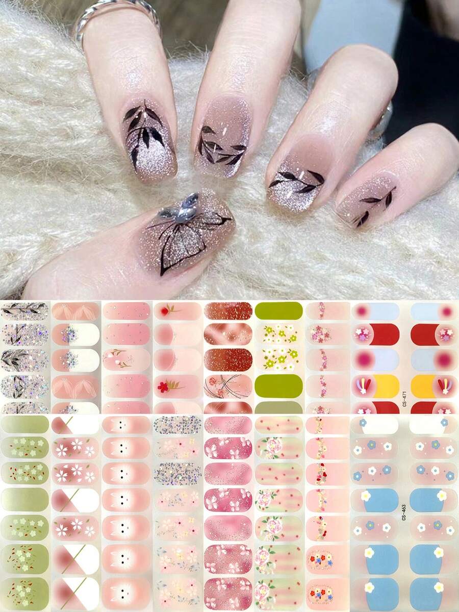 Conjunto de 14 adesivos de gel para unhas, sem necessidade de assar, com glitter, borboletas, arco-íris, flores e corações. Adesivos para unhas com cobertura total. Adesivos coloridos para unhas, ideais para salão de beleza.