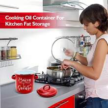 46 OZ Bacon Grease Container With Strainer And Spatula, Stainless Steel  Strainer, Enamel Oil Container, PotFat Storage With Lid - 紅色 - 查看 3