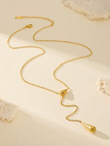 MONALLY 18K Gold Plated 1pc Luxury Fashion Water Drop Pendant Necklace For Women Adjustable Length Stainless Steel Jewelry Birthday Gift - Pendant Necklace - View 3