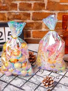 100 piezas - Bolsas de celofán fluorescentes para aperitivos, bolsas de regalo de plástico holográfico, cordones de plomo, adecuadas para regalos de fiesta, dulces, galletas, aperitivos, regalos pequeños, bolsas de papel para vidrio, bolsas de regalo de plástico, galletas transparentes, bolsas para aperitivos, lazos con nudos para bolsas de regalo de fiesta