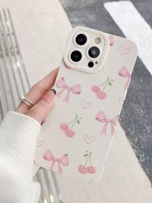 1 pieza Funda protectora para teléfono antideslizante y anticaídas con estampado de lazo rosa y cereza, compatible con 16 Pro Max, 11/12/13/14 Plus/16e, XR/7/8 Plus/15 Pro Max