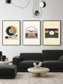3pcs Retro Boombox Wall Art Decor, Vintage Vinyl Artwork, Classic Camera Canvas Print Wall Arts, Minimalist Design Posters, Colorful Stripes Painting, Nostalgic Vibes Modern Home Decor, Poster, Room Aesthetic, Ideal Gift, Optional Frame ,Wall Art With Frame
