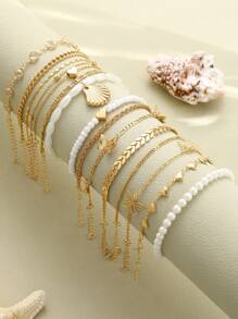 15 Stücke/Set im Strandurlaubs-Stil mit Muscheln, Herzen, Schmetterlingen, Kunstperlen, Ketten mit Metallperlen, Verschlusskette, Schleifenkette, schlichte Ketten, Fußkettchen, elegantes, Vintage Geschenkset für Urlaub, Party, Alltagstragen