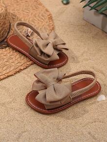 1 Pair Coffee Brown Plus Size Toddler/Little Girls Flat Sandals With Solid Color Mesh, Big Bow Decor, Elastic Back Strap, Round Toe, Non-Slip Sole, Fashion & Cute Roman Beach Sandals, Suitable For 3-15 Years Old Girls For Daily, Party, Travel, Beach In Summer