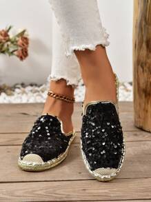 Women's Fashion Flat Woven Straw Shoes, New Spring/Summer Fisherman Shoes, Rope Sole Black Ladies Flat Slip-On Shoes