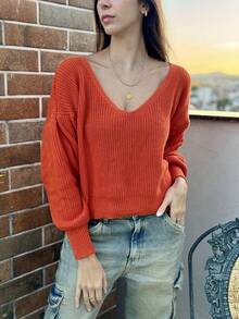 CROCHET KNITTED WINTER BLOUSE V-NECK COLD WARM - Orange - View 2