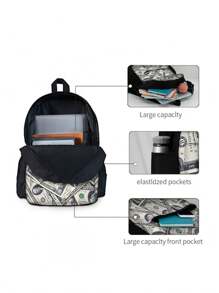 Dollar Pattern Printed Backpack Three Pieces Set (Front Bag Backpack + Lunch Bag + Pencil Bag) Pencil Case