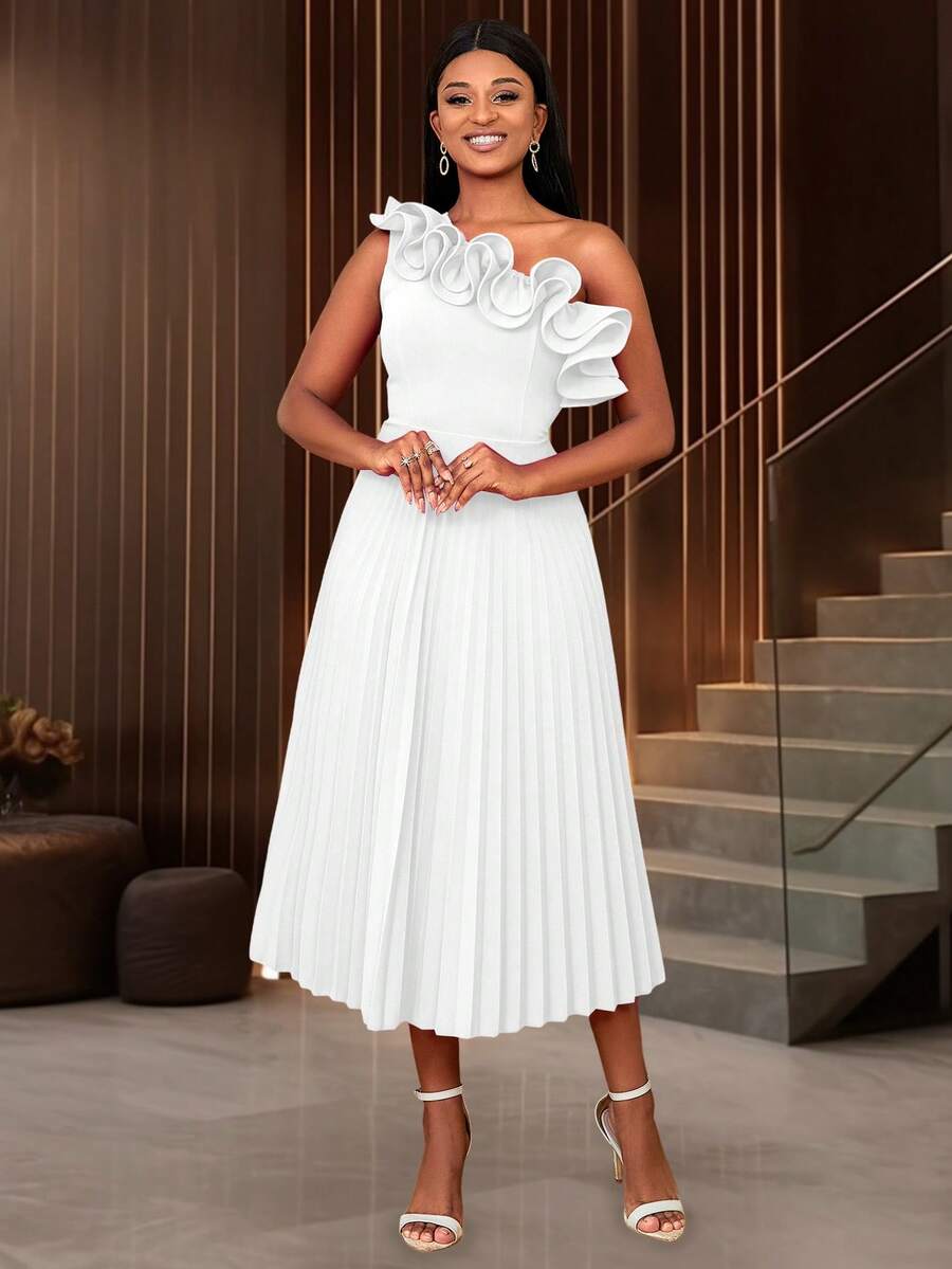 Women's Summer One Shoulder Frill Trim Sexy Pleated White Dress Elegant Party
