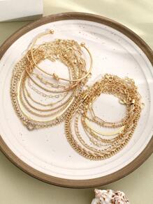 19/11/9/15/8/12/23pcs Set Of Heart Knot, Crystal Rhinestone, Geometric Beaded, Faux Pearl, Wide Metal Snake Chain, Twisted Chain, Horseshoe Chain, Minimalist Plain Chain, Open Cuff Bracelet, Fashion Elegant Vintage Bohemian Design, Suitable For Holiday, Party, Date, Gift, Daily Wear