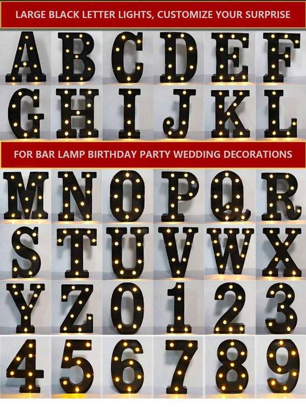 21,8 cm Luz decorativa alfanumérica luminosa negra, luz blanca cálida, alimentada por pilas AA (baterías no incluidas), muy adecuada para decoración de fiestas con tema navideño, cumpleaños, decoración de escena de fiesta de regalo para bebé