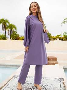 VFJ 布基尼穆斯林女士泳衣 端庄伊斯兰泳装 长袖全罩式 3 件套沙滩装 带泳帽 - 紫色 - 查看 6