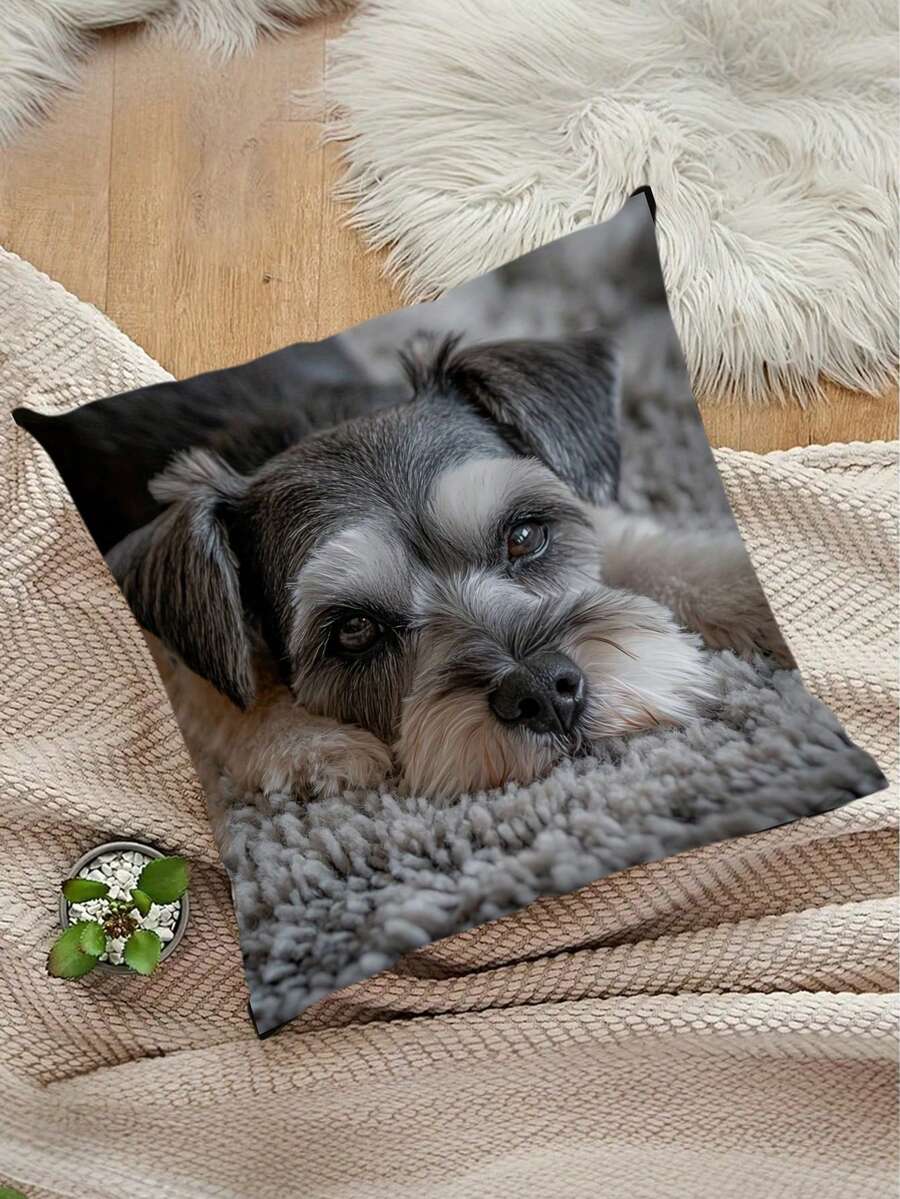 1pc Modern Mini Schnauzer Dog Pattern Pillow Case, 18" X 18", Machine Washable, Single-Sided Print, Zipper Closure Polyester Pillowcase, Suitable For Sofa And Bedroom Decor, Fits All Room Types (Pillow Insert Not Included) - Grey - View 1