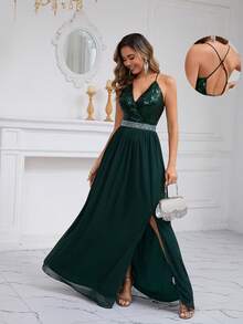 女士亮片网眼 V 领腰珠饰蕾丝分层性感浪漫吊带大露背优雅开衩鸡尾酒礼服伴娘礼服