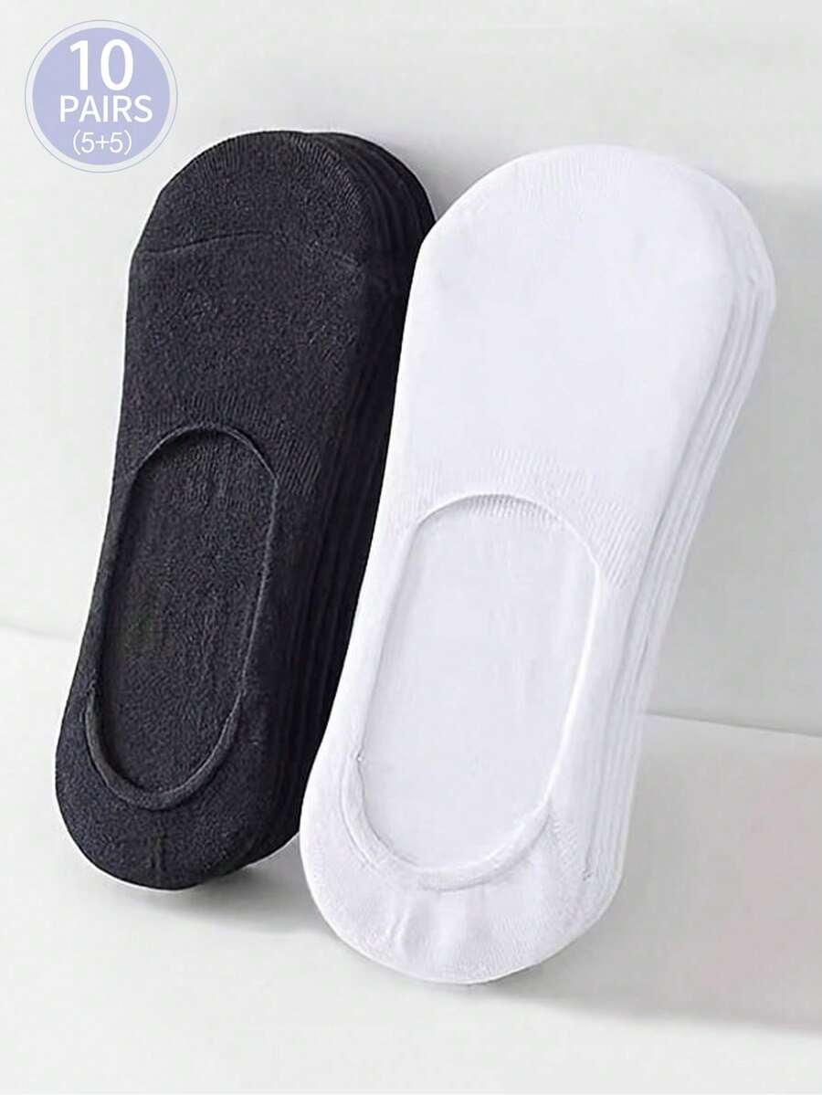 1/10 Pair Of Casual Simple Solid Color Sports Socks For Men And Women, Suitable For Daily Travel Women Summer Thin Invisible Black Socks White Silicone Non-Slip Mesh Breathable Socks - Black and White - View 1