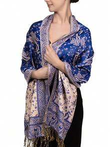 FADZOYLE 1 件女士海滩配饰奢华双层提花大佩斯利羊绒披肩围巾海滩罩衫纱笼羊绒手感狂野柔软丝滑双面围巾流苏日常生活晚礼服旅游办公室婚礼和礼品配饰女士