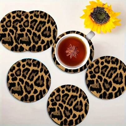 Set Of 6 Fashion Leopard Print Wooden Coasters - 10*10cm, Personalized Modern Leopard Print Style, Suitable For Home, Office, Coffee House, Bar, Restaurant, Home Decor, Kitchen Decor, Kitchen Accessories, Dining Room Decor, Bedroom Decor, Room Decor, Housewarming Gift, Christmas Gift, Birthday Gift, Choose 1 Set, 2 Sets Or 31 Sets,Coaster Set,Coasters Drink Coasters,Coaster For Cup At Home