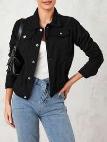 Womens Solid Color Denim Jacket, Casual Long Sleeve Button Down Chest Pocket Jean Jacket - Black - View 1