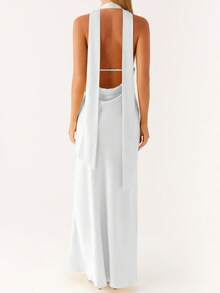 Women Long Dress Floral Print/Solid Color Halter Neck Backless Dress Summer V-Neck Sleeveless Dress - trắng - Xem 4