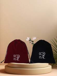 1pc Pattern & Letter Design Travel Hair Dryer Drawstring Dust Cover Bag, Jewelry & Collection Storage Pouch, Black Polyester Rope Bag, Wardrobe Organizer, Travel Tote - Multicolor - View 1