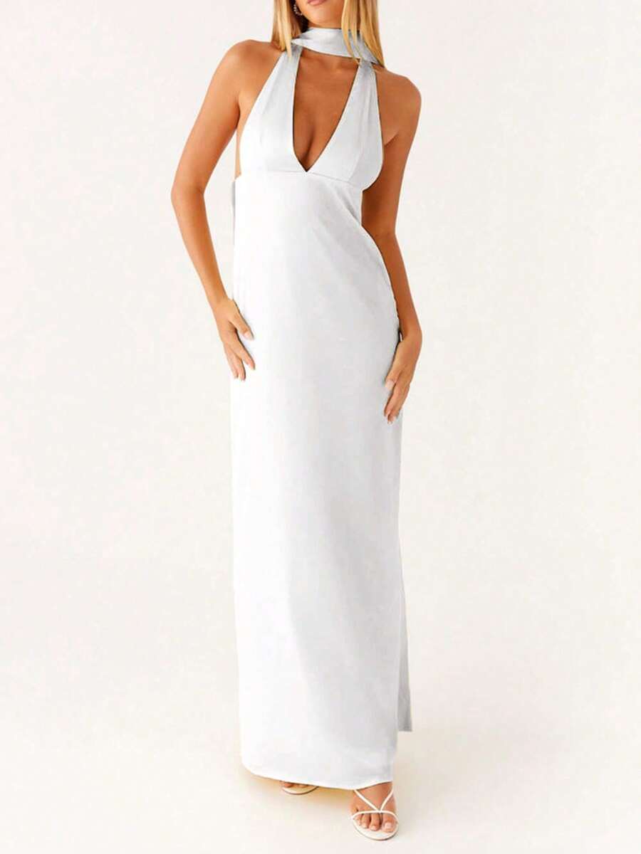 Women Sleeveless V Neck Formal Party Evening Cocktail Long Dress Halter Neck Open Back Silk Satin Maxi Dresses With Scarf - trắng - Xem 1