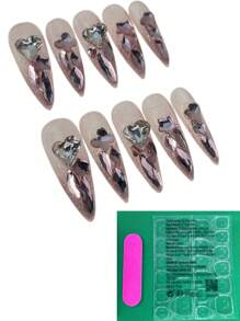 10 pezzi di unghie finte pressate a mano rimovibili, design originale minimalista, unghie lunghe e appuntite color rosa sfumato, accessori per unghie estive delicati fatti a mano con applicazione di diamanti e set di adesivi per unghie e colla per donne e ragazze