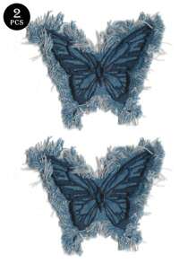 Hat Decoration, Denim Fabric, Washed Tassel, Beard Edge Effect, Butterfly-Shaped Embroidered Patch