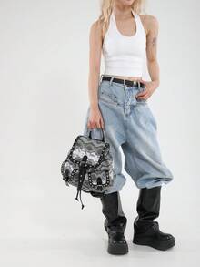 Mochila vintage de gran capacidad y personalizada con estilo de moda - Negro - Ver 2