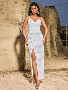 Sequins Criss-Cross Backless Slit Bodycon Evening Gown, Formal, Party Dress, For Wedding Guest - White - View 3