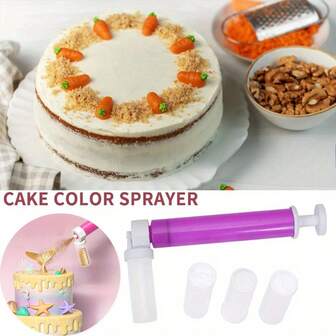 1 st. manuell airbrush-sprutpistol för tårta, dekoration, sprutning, färgning, bakning, dekoration, kök, bakverksverktyg, plastpulverspruta med 4 graderade rör, godis, dessert, tårta, kaktillverkningsverktyg, dekorationssats för högtidsfester, kökstillbehör, verktyg