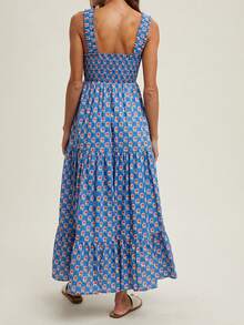 Women Floral Tank Dress Smocked Square Neck Sleeveless Backless A-Line Long Tiered Ruffle Dress With Pockets - Blue - View 7