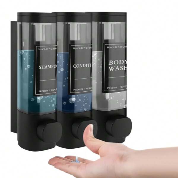 Dispensador de jabón líquido, loción y gel para baño y ducha, montado en la pared sin taladro, transparente marrón con cierre de etiqueta, adecuado para baño, ducha, cocina, negro, gris oscuro, dos botellas, tres botellas, 300ml/botella, decoración de otoño, vuelta al colegio