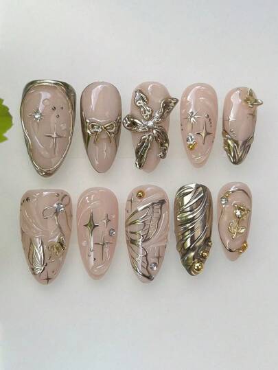 10 قطعة أظافر مزيفة قصيرة بشكل لوز ذات طبقة لامعة ثلاثية الأبعاد بتصميمات الفراشات والزهور والنجوم والفيونكات بطراز ثقيل معدني Y2K، مناسبة لأي مناسبة، مستلزمات الأظافر