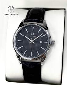 Pablo Raez 1pc Man Watch Business Wristwatch For Man Stainless Steel Silver IPS Case Luxury Black Soft & Comfortable Microfiber Leather Fashion Double Dial Third Dimension Design With Date 50M Waterproof Brand New Male Quartz Wristwatch Sports Casual Clock Nice Gifts For Friend Or Family Father Fit For Daily Life/Work/Party Decoration Dress Watch Graduation Wedding Presents