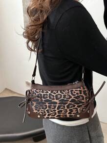Bolsa de ombro feminina elegante, de cor sólida, com rebites simples e estampa de leopardo, ideal para compras, carteiras, compras, jovens mulheres, estudantes universitárias, recém-chegadas e trabalhadoras de colarinho branco. Ideal para escritórios, universidades, trabalho, negócios, deslocamento diário, atividades ao ar livre, viagens e passeios.