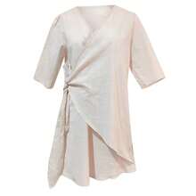 Cotton Linen Dresses Women'S Sexy V Neck Solid Color Pleated Swing Split Mini Dress Party Elegant Chic Vestidos For Womens - Grey - View 2
