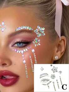Rhinestone Studded Eye Makeup Sticker, Shiny Faux Rhinestone 3d Face Jewel Sticker, Suitable For All Seasons, Music Festival, Cosplay, Party, Photography, Daily Accessory (Abs Resin) Halloween - Multicolor - View 6