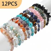 12pcs Bohemian Natural Stone Bracelet Set, Suitable For Men And Women - Amethyst, Labradorite, Turquoise And Rose Quartz Beads - Perfect Gift